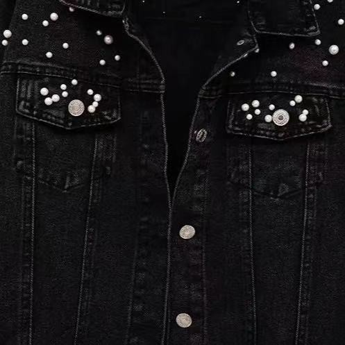 Damen-Jeansjacke mit Perlenverzierungen, kurze Länge, Übergröße, stilvoll und bequem für die Freizeit – Schwarz, Weiß, Himmelblau_voghion.com