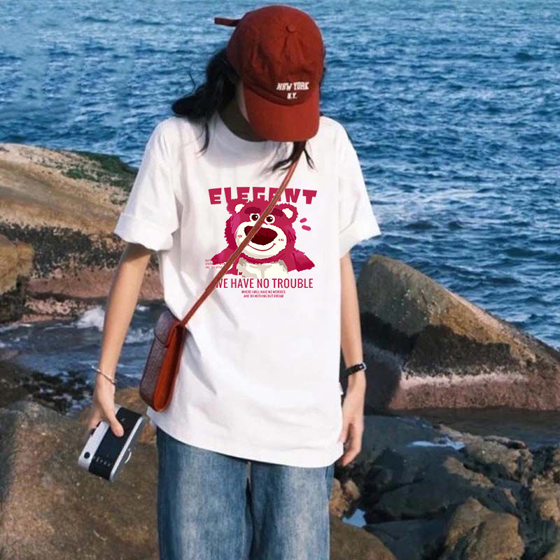2026 impresión de oso de fresa versátil comercio exterior inns cuello redondo camiseta de manga corta camiseta casuales blanco T pareja