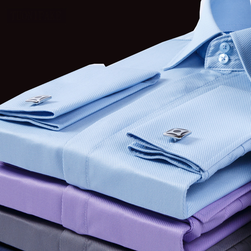 Men's French Cufflinks Shirt Business Formal Dress Sleeve Studs Solid Color Non-ironing Double Stacked Sleeve Hidden Button Shirt Slim-fit Korean Style Men's French Cufflinks Shirt Business Formal Dress Sleeve Studs Solid Color Non-ironing Double Stacked Sleeve Hidden Button Shirt Slim-fit Korean Style