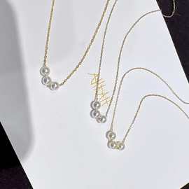日本轻奢Joue9K黄金 并排 三颗淡水珍珠 项链 锁骨链纯银施家珍珠