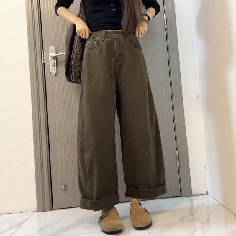 大码阔腿牛仔裤女秋冬2025新款高腰胖mm显瘦宽松卷边直筒老爹裤子|undefined