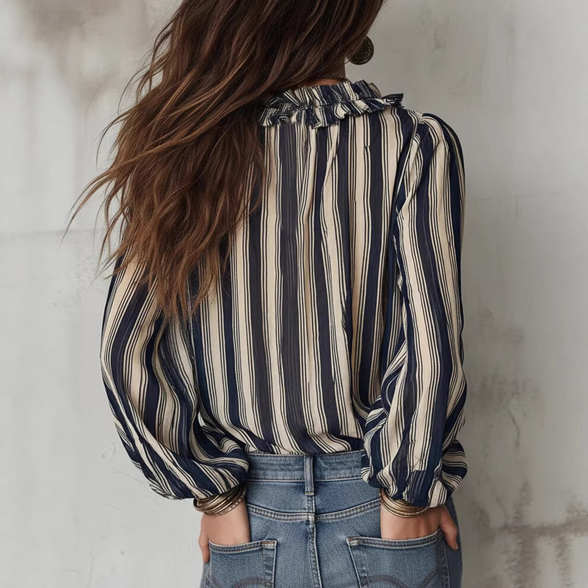 2026 Independent Station European And American Cross-Border Casual Western Style Striped V-Neck Women's Shirt_voghion.com