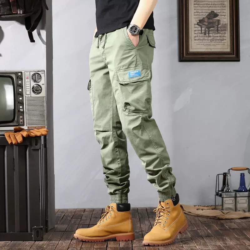 Herrenbekleidung Camouflage-Hose mit Bündchen und mehreren Taschen, Retro-Washed-Hose_voghion.com