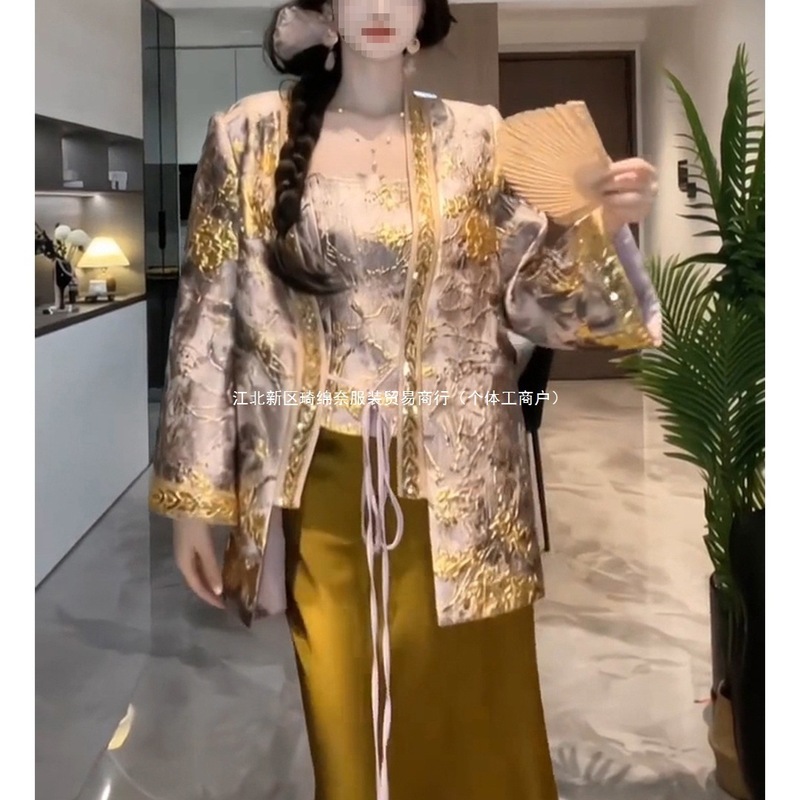 新中式国风套装感巨好看立体雕花外套背心半身裙三件套秋|undefined