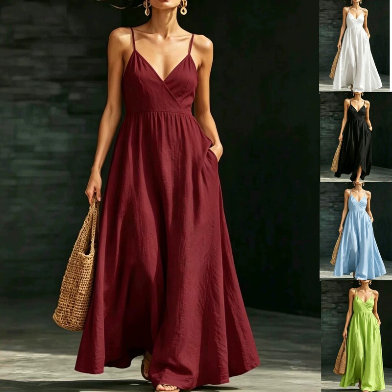 Cross-Border European and American 2026 Summer Beach Strap Dress, Loose and Flowing Casual Strap Long Dress, Vacation Style Dress Cross-Border European and American 2026 Summer Beach Strap Dress, Loose and Flowing Casual Strap Long Dress, Vacation Style Dress