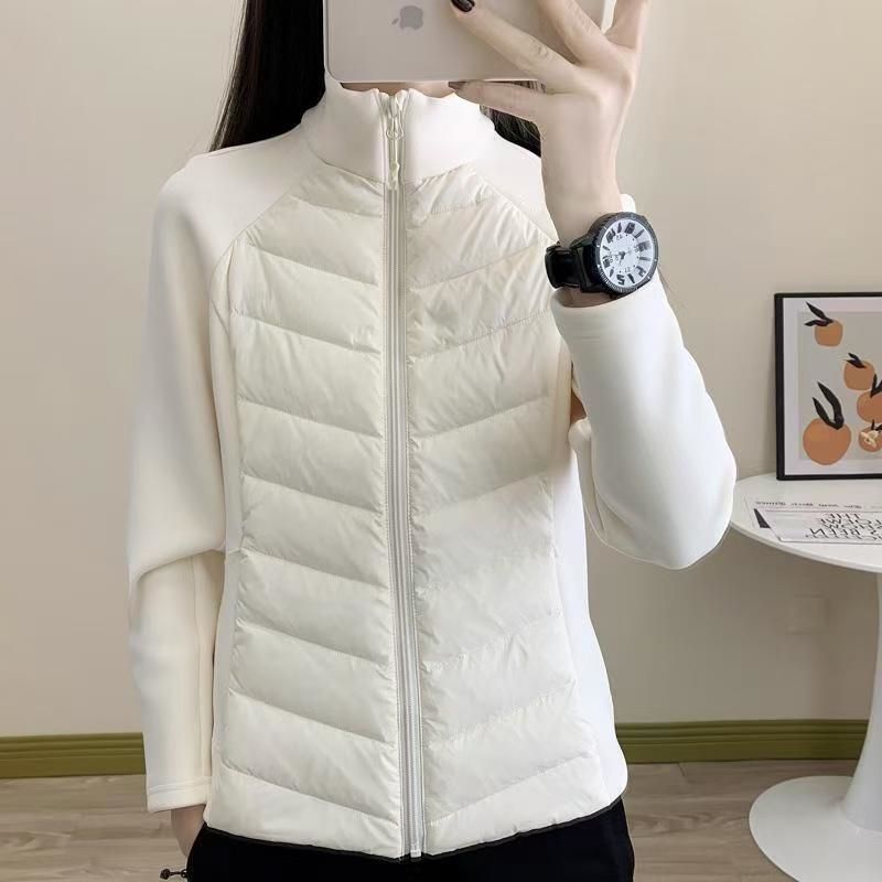 2025 ropa deportiva de algodón de empalme de invierno de collar nuevo estilo a prueba de viento, delgado y caliente, abrigo al aire libre ligero, costillas de mujer