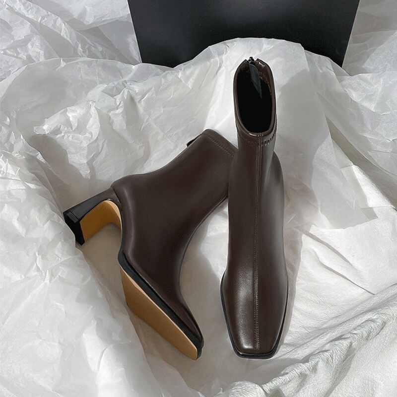 Brown Short Boots for Women with High Heels, Autumn and Winter New Style, Velvet Thick Heels, French Ankle Boots, Rear Zipper, Elastic Square Toe Slim Boots
