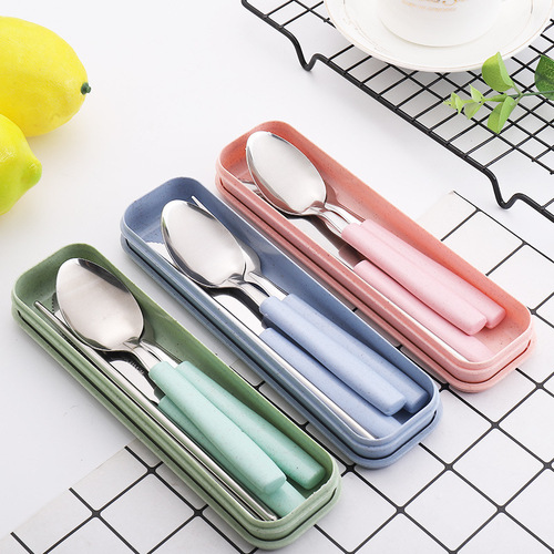 Wheat straw stainless steel set fork spoon chopsticks portable cutlery box gift student school three or four piece set