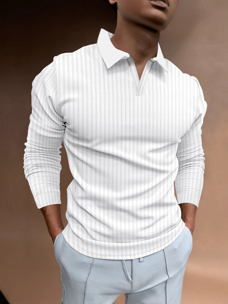 Camisa Polo para Hombre, Estilo Europeo y Americano, Comercio Transfronterizo, Otoño, Fitness, Casual, Cuello Alto, Manga Larga, Rayas Verticales, Cuello en V