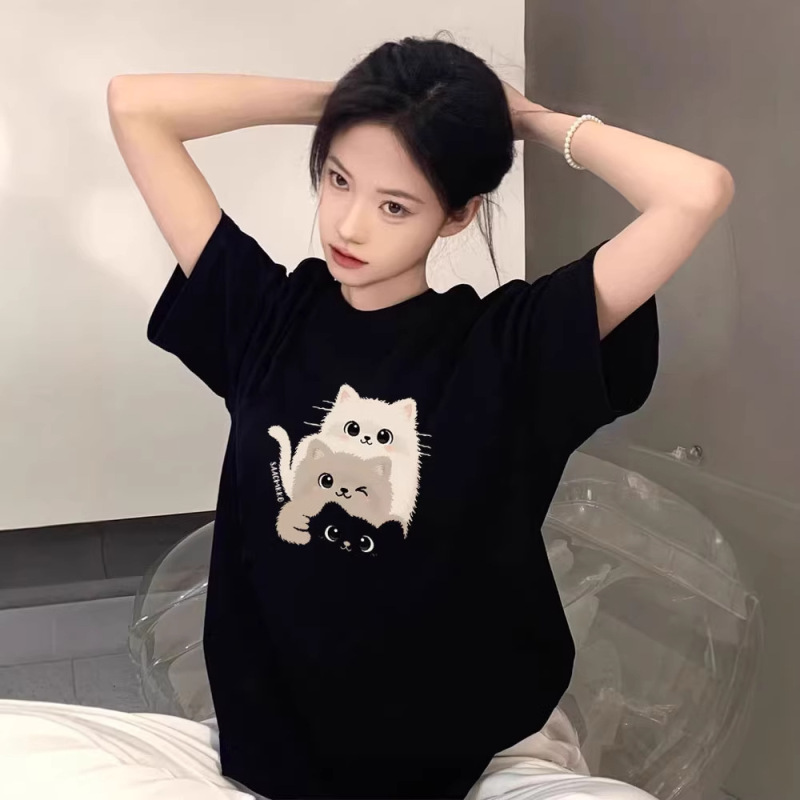 Black Pure Cotton Short-Sleeve T-Shirt for Women, 2026 New Popular Summer High-End European Style Oversized Top Trendy Tee Black Pure Cotton Short-Sleeve T-Shirt for Women, 2026 New Popular Summer High-End European Style Oversized Top Trendy Tee