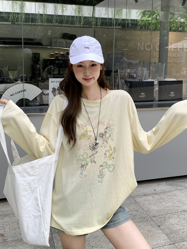 鹅黄色微透动物印花防晒罩衫T恤女2025夏季新款外搭宽松显瘦上衣|undefined