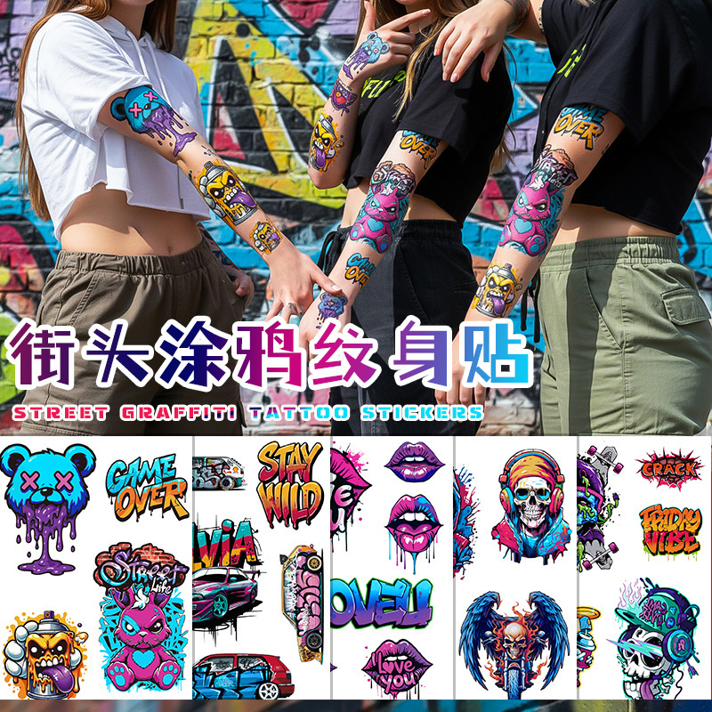 Cross-Border Cartoon Tattoo Stickers Waterproof American Street DIY Graffiti Style Temporary Tattoo Stickers Half Arm Flower Arm Tattoos