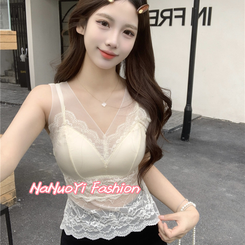 Early Spring New Lace Stitching Satin Camisole Fixed Cup Inner Base Sexy Outer Wear French Beautiful Back for Women