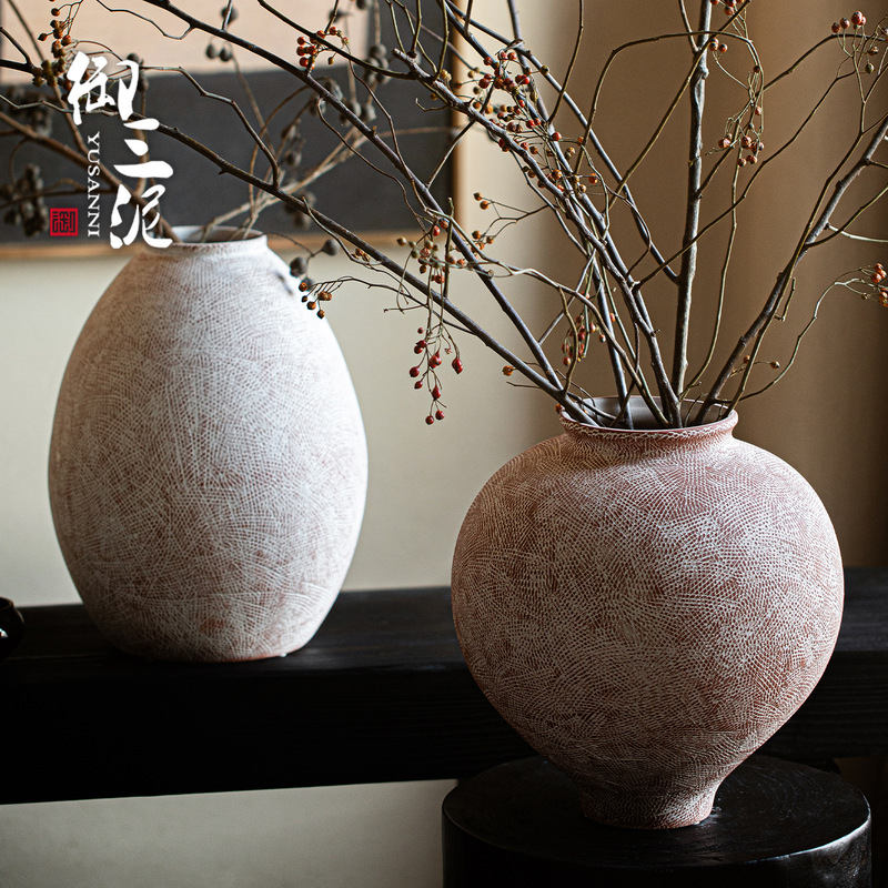 Nordic High-End Wabi-Sabi Style Handmade Large Vase with a Premium Feel, Jingdezhen Pottery Tea Space Flower Vessel Ornament