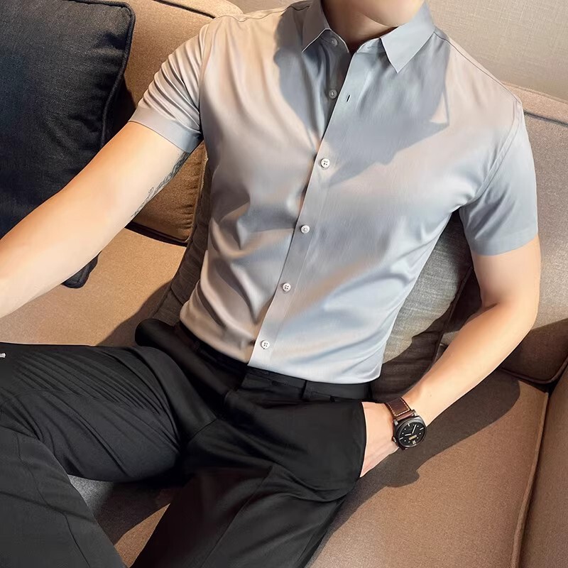 Double Mercerized, No-Iron, Easy-Care Short-Sleeved Shirt for Men, Business Casual, Slim Fit, Formal Wear, High-End Pure White Shirt