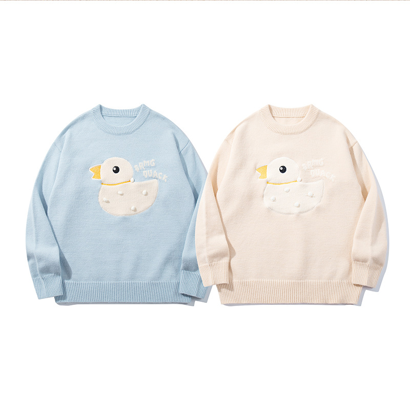YWFG ropa de mujer americana retro lindo pato de dibujos animados 2024 Año Nuevo otoño dulce cuello redondo manga larga suéter de punto