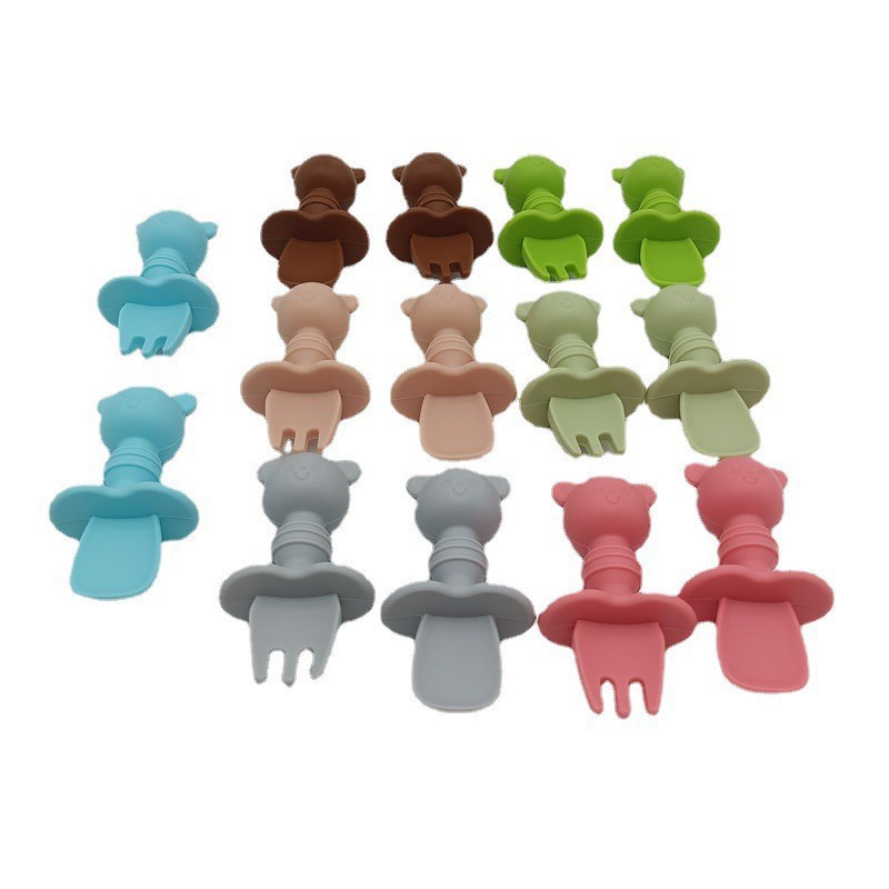 Bangpu New Food Grade Silicone Bear Fork Spoon suit Baby Training Artifact Baby Feeding Fork Spoon suit