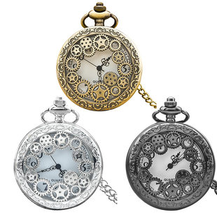 Cross-border hot selling retro bronze silver black ancient gear creative pocket watch large digital pocket watch