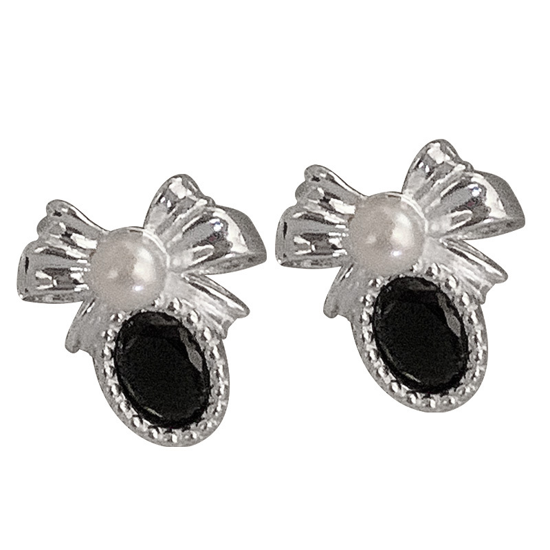 S Reines Silber Schleife Perle Personalisierte Schwarze Elliptische Zirkon Ohrringe 2023 Neues trendiges Design Gefühl Klein und Einzigartig_voghion.com