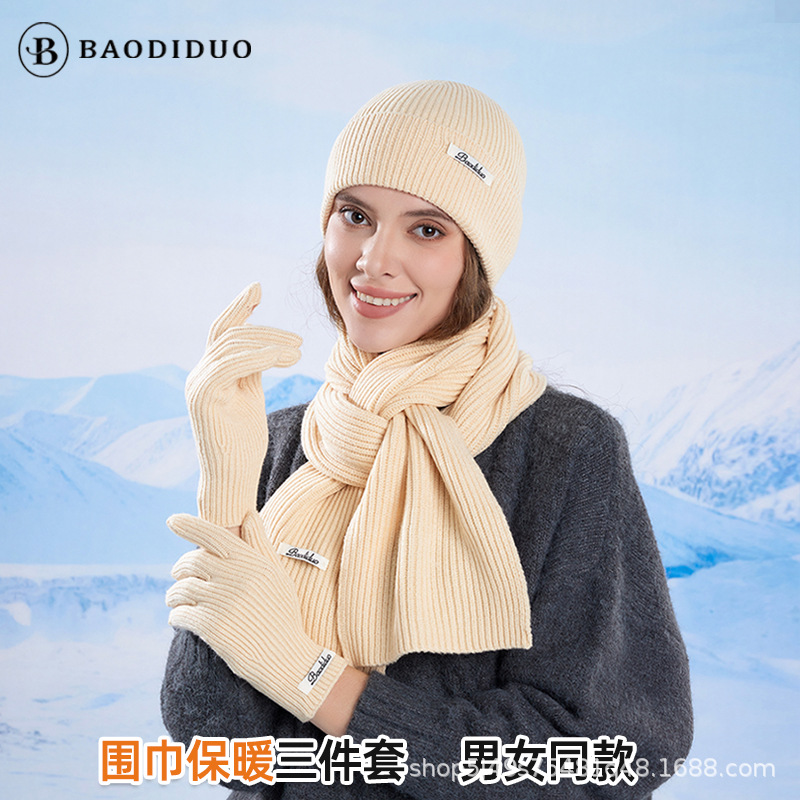 New Fashionable Long-Label Knitted Hat for Women in Autumn and Winter, Versatile Warm Woolen Hat, Outdoor Cold-Proof Ear Protection Hat Three-Piece Set