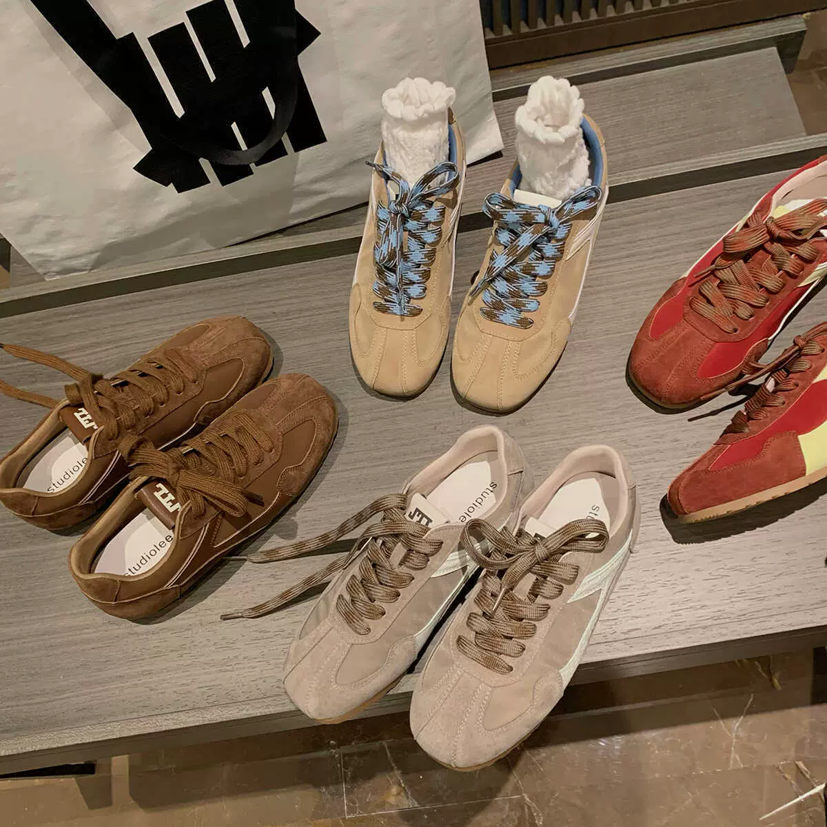 牛皮版~葡萄妈同款时髦复古撞色方圆头休闲阿甘德训板鞋ins女新款