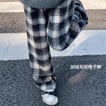 复古黑白裤女格子裤子宽松加绒新款加厚高腰休闲垂感毛呢