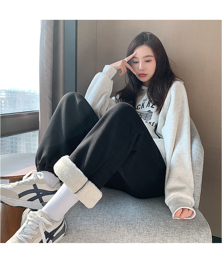 Super thick lambskin wide-leg pants, grey outerwear, thickened winter sports pants, drawstring cuffs, fleece sweatpants for women pic 25