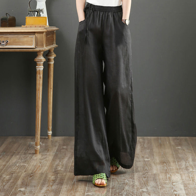 Retro Literature And Art 2020 Spring And Summer New Double Solid Color Loose Long Pants Large Size Elastic Waist Wide Leg Pants Long Pants