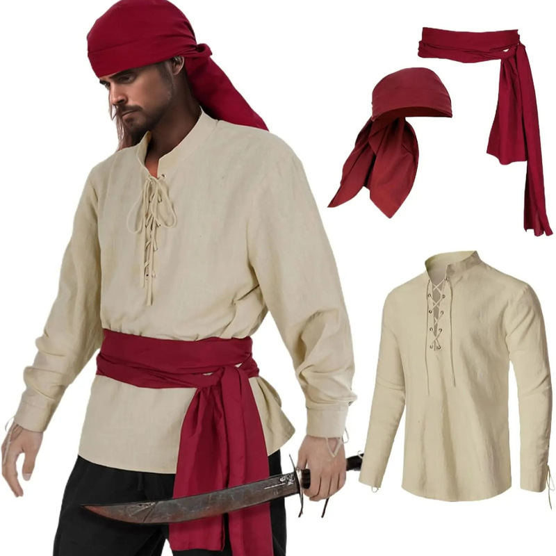 3-Piece Set of Men's Pirate Costumes, Retro Pirate Shirt, Medieval Clothing, Viking Style