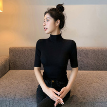 黑色螺纹半高领中袖打底衫女内搭修身T恤显瘦气质五分袖洋气上衣