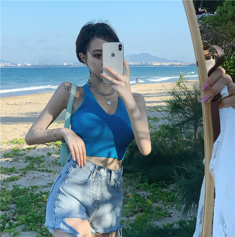 Шнятый V-образный воротник камзол жилет 2023 летом сексуальный пупок короткий трикотажный тонкий топ женский