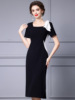 Black and white color block square collar exposed collarbone acetic acid wrapped hip skirt 2024 summer