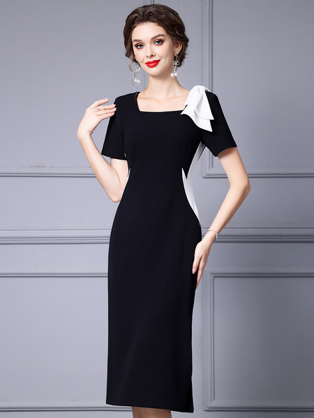 Black and white color block square collar exposed collarbone acetic acid wrapped hip skirt 2024 summer