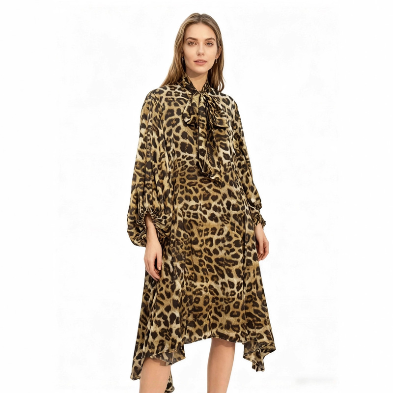 European and American Cross-Border Personalized Silks and Satins Printed Pleated Beveled Lantern Long-Sleeved Bow Tie Shirt Mid-Length Dress European and American Cross-Border Personalized Silks and Satins Printed Pleated Beveled Lantern Long-Sleeved Bow Tie Shirt Mid-Length Dress