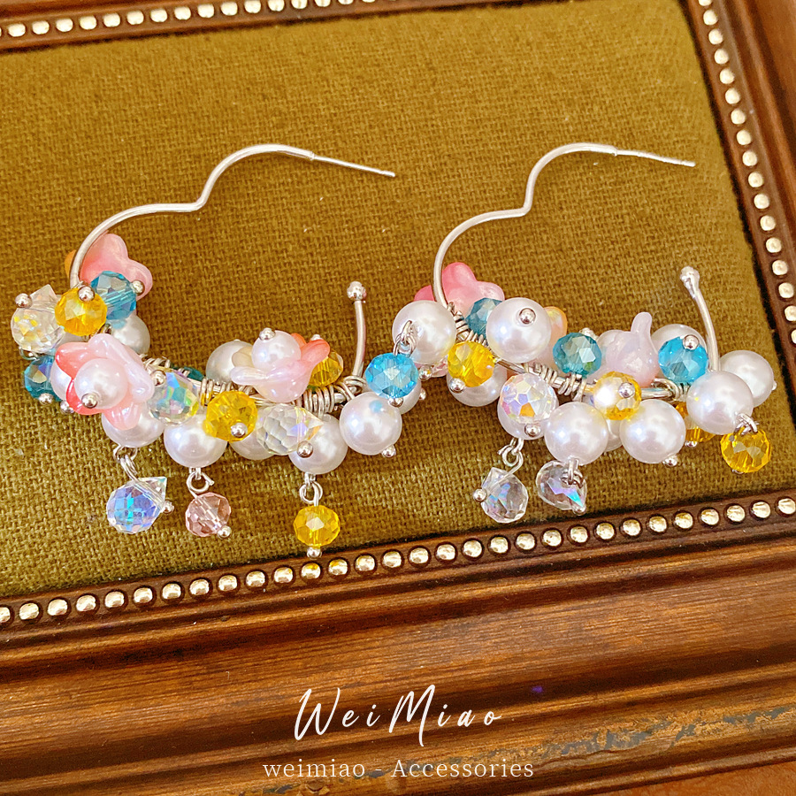 Ramas de flores coloridas ~ flores de aguja de plata bordas perlas aretes de moda de estilo dulce aretes de lujo ligero de alta calidad aretes para mujeres