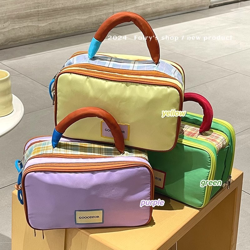 Plaid Contrasting Color Large-Capacity Storage Cosmetic Bag New High-End Portable Travel Toiletry Storage Bag