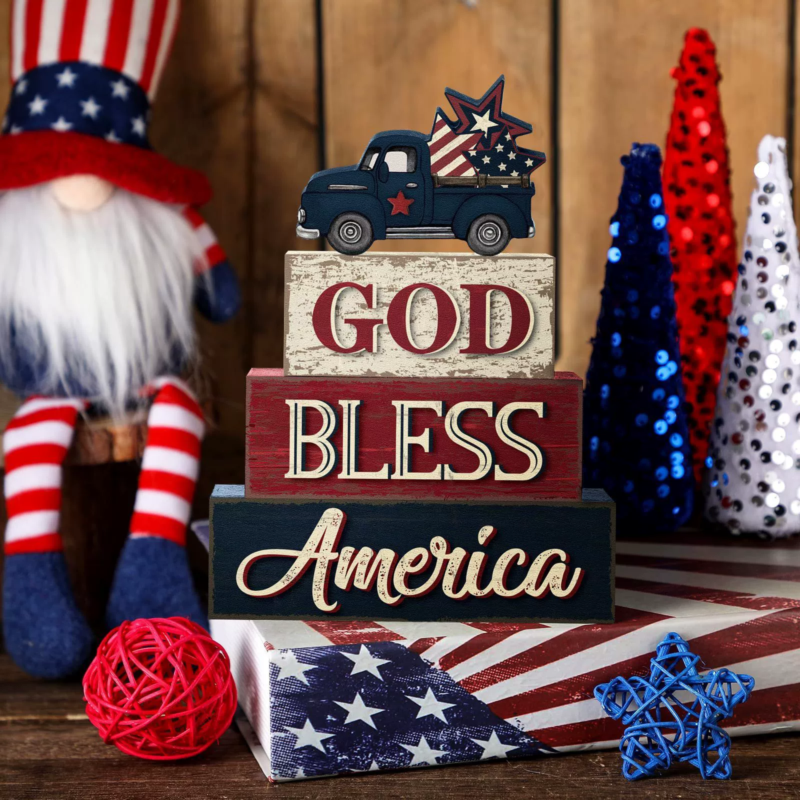 Новый трансграничный продукт, деревянные украшения на День независимости США, кубики для грузовиков, набор украшений на День независимости США «Боже, храни»