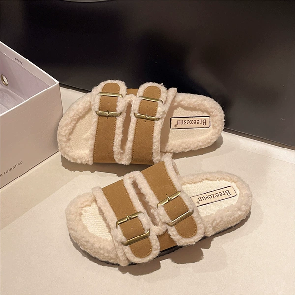 Khaki (double-button thick-soled fur mop)