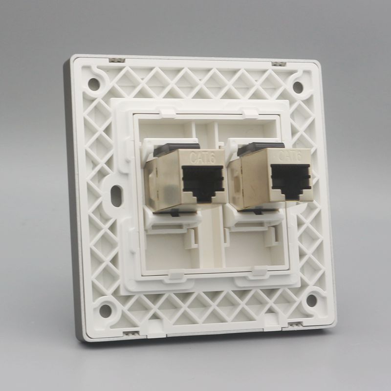 深灰色86型双口屏蔽六类电脑插座2位6类网络直通面板CAT6千兆网线