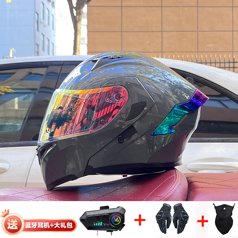 Casco de exposición Orz para hombres y mujeres invierno Doble espejo coche eléctrico semi-Casco completo cola de color coche deportivo ranura Bluetooth cuatro estaciones casco