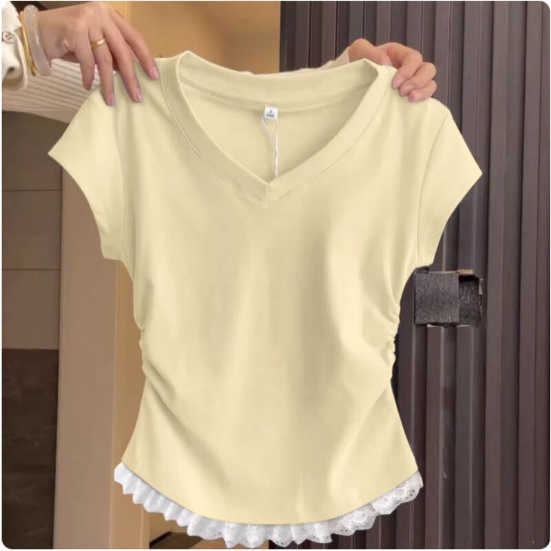 Unique and Beautiful Lace-Trimmed Slim-Fit Blouse 2026 Summer New Hot-Selling V-Neck Top Slimming Short-Sleeve T-Shirt for Women