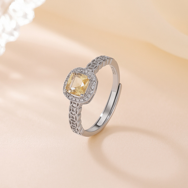 Nhẫn nữ bạc S925 mạ vàng đính đá cubic zirconia hình vuông mặt xu, kiểu mở điều chỉnh — Loại bạc