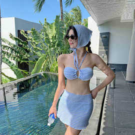 ins新款条纹分体泳衣女甜美少女比基尼四件套显瘦度假裙式bikini