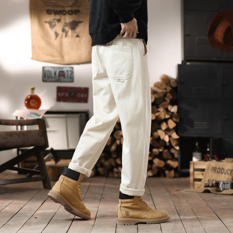 High-End Off-White Cotton Jeans Men's Loose Casual Straight Pants All Year Round 205 New Micro-Tapered Pants