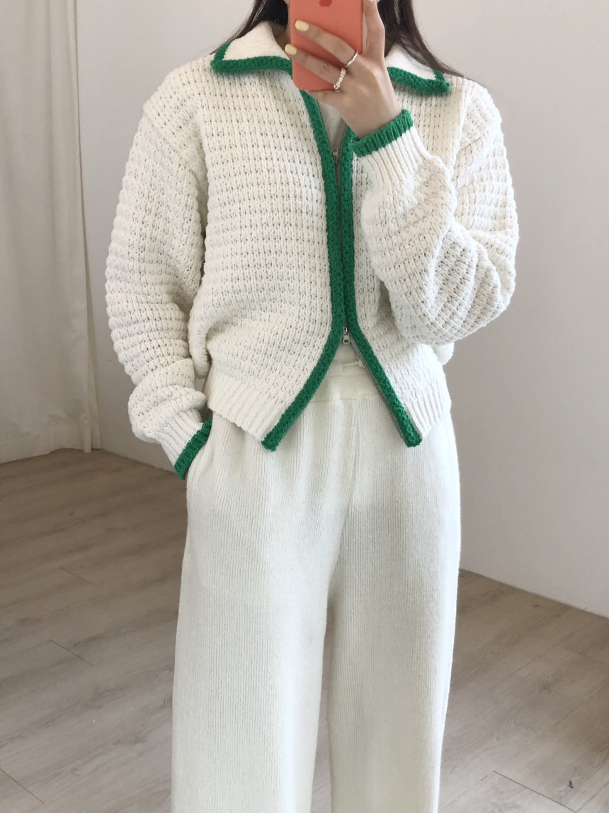 Contrast Thick Needle Zipper Cardigan Sweater Coat