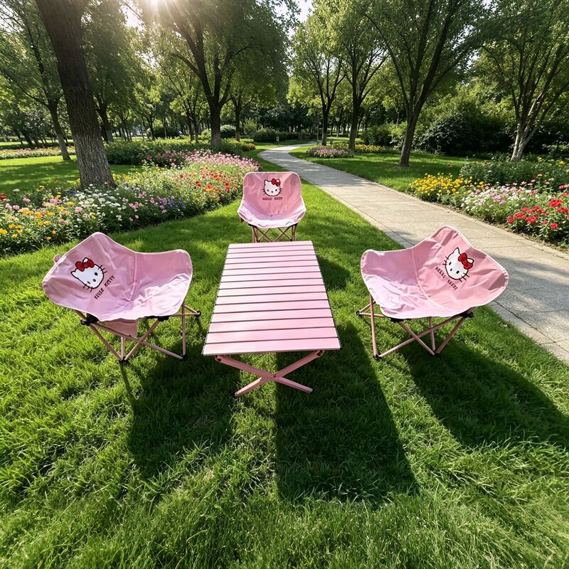 Outdoor Cute Hello Kitty Camping Table and Chair Set, Portable Folding Pink Park Moon Chair Folding Table and Chair Set