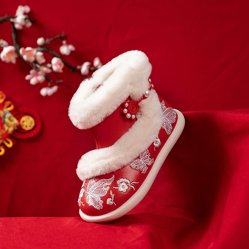 Обувь для девочек Hanfu обувь для новогодних зимних костюмов детские сапоги осенние и зимние конские юбки старинный стиль бархатные хлопчатобумажные туфли