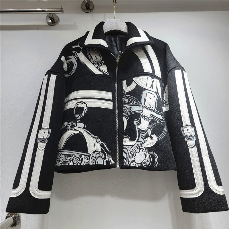 欧洲站2025秋冬新款重工刺绣拼接毛呢女短上衣冬装外套