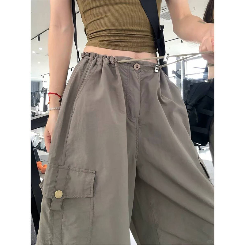 Army Green American-Style Work Pants for Women, Summer Thin Quick-Dry Sports Pants, Petite High-Waisted Straight Loose Wide-Leg Pants