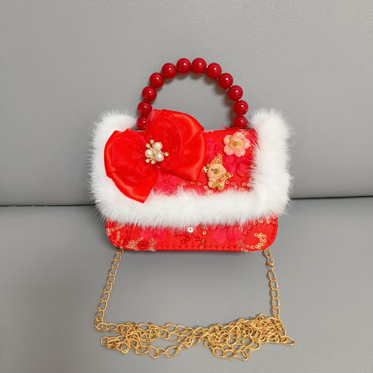 Cartera de Año Nuevo rojo, bolso de perlas, arco de arco, bolso de mano, cadena de viento de fragancia, bolso de hombro pequeño